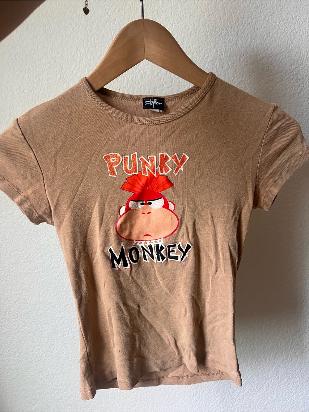 Stitches Tan Punky Monkey Graphic baby Tee with Red Accen